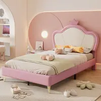 Xdovet Kinderbett,Kopfteil mit Krone, Bettfüße aus Metall, Elegantes gepolstertes Kopfteilprofil, Einzelbett, 90x200cm
