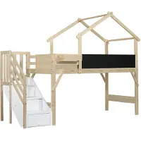 Xdovet Etagenbett,Kinderbett mit Fallschutz und Gitter,Einzigartiges Dachdesign,Bemalbare Tafel,Mit 3 Schließfächer in der Treppe,Kiefer+MDF+Sperrholz