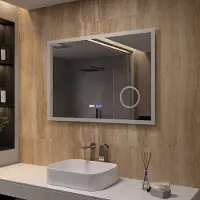 AQUALAVOS Schminkspiegel Kosmetikspiegel Spiegel 100x70 cm dimmbar mit LED Beleuchtung Kaltweiß Wandspiegel Digital Uhr Anti-beschlag IP44 CE