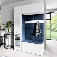 Jerpax Garderoben-Set MIKA Kleiderschrank mit Polsterplatten, Schuhschrank Schrankaufsatz und Hängeschrank Ideal für Flur & Eingangsbereich (Weiß Trinity 30)