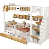 XTEILC Etagenbett mit Treppe, Reichlich Stauraum,Kinderbett mit 4 Schließfächer in der Treppe,mit Fallschutzgitter und 2 Schubladen, Offenes Regal
