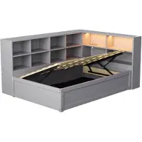 XTEILC Schlafsofa,mit Mehrfachsteckdose und mehreren Staufächern,mit Lichtleiste,hydraulisches Bett,Massivholzbett,Einzelbett,multifunktionales Holzbett