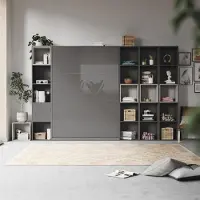 SMARTBett GmbH SMARTBett WOHNWAND Schrankbett 140x200 Vertikal mit Regalen Anthrazi/AnthrazitHochglanz/Beton