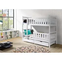 KEF-MEBLE KEF Franek Etagenbett Kinder Holz Kinderbett für Zwei Kinder Weiß mit Matratze Leiter Links 180x90 cm