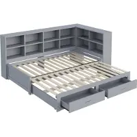 XTEILC Massivholzsofa(Grau)Mit Ausziehbarem Bett,Mit Staufach,multifunktionale Euro-Steckdose, Schubladen, Lattenrost, Multifunktionales Einzelholzbett