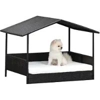 SUGIFT Hundebett Outdoor wetterfest, Hundeliege PE-Rattan mit Dach erhöht, Polyrattan Stahl Polyester, Kaffee-Braun | rutschfest | bis 50 kg | 98x69x70 cm