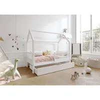 TIMBEE ZOJA Box Hausbett Kinderbett Holz Bett mit Schublade - Weiß - 80x160cm