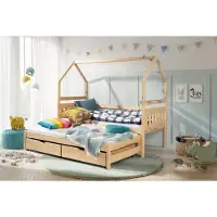 KEF-MEBLE KEF BLANKA Kinderbett 80x180 cm - Doppelbett mit Schubladen - Hausbett aus Holz - Babybett mit Zwei Matratzen - Naturbelassen