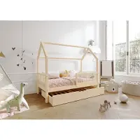 TIMBEE ZOJA Duo Hausbett Doppelbett Kinderbett Holz Bett mit Schublade mit Schlaffunktion - Unlackiert - 90x180cm