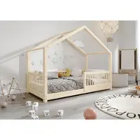 TIMBEE MURLO Hausbett Kinderbett 80x160 cm mit Rausfallschutz Lattenrost Naturholz Kiefer Holzbett Beinhöhe 3 cm