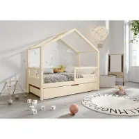 TIMBEE MURLO Box Hausbett Kinderbett Holz Bett mit Schublade - Unlackiert - 90x180cm