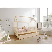 TIMBEE ZOJA Box Hausbett Kinderbett Holz Bett mit Schublade - Unlackiert - 80x160cm