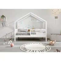 TIMBEE MURLO Hausbett Kinderbett 80x160 cm Weiß mit Rausfallschutz Lattenrost Naturholz Kiefer Holzbett Beinhöhe 23 cm