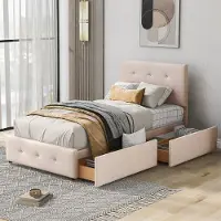 Autolock Polsterbett 90 x 200 cm(Dunkelbeige)Einzelbett,Kinderbett mit Lattenrost, Rückenlehne und zwei Schubladen hautfreundlicher Samtstoff (ohne Matratze)