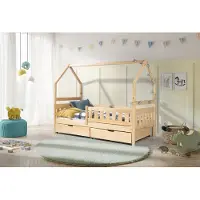 KEF-MEBLE KEF EMMA Kinderbett 80x160 cm Hausbett Zwei Kinder Bodenbett aus Holz mit Lattenrost mit Rollen Jugendbett Kinderzimmer Naturbelassen