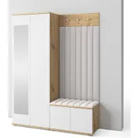 Jerpax Garderoben-Set Aura Version 7: Kleiderschrank mit Polsterpaneelen, Schuhschrank Flur und Eingangsbereich (weiß/Artisan-Eiche /Trinity 01)