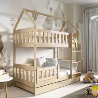 Jerpax Etagenbett mit Matratzen und Schublade 190 x 80 cm Hausbett mit Rausfallschutz, Leiter, Kinderbett in Kiefer POLA