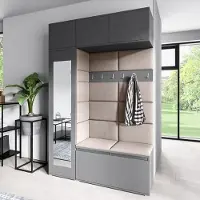 Jerpax Garderoben-Set MIKA Kleiderschrank mit Polsterplatten Schuhschrank Schrankaufsatz und Hängeschrank Ideal für Eingangsbereich (Graphit Trinity 05)