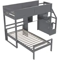 Xdovet Etagenbett(Grau)Kiefernbett,kinderbett,Jugendbett,Sicherheitstreppe mit verstecktem Staufach, Schreibtisch-Staufach, Zwei-in-Eins-Hochzaun-Design