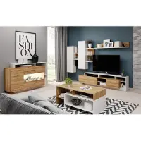 KEF-MEBLE KEF Wohnzimmermöbel-Set Alice – Wohnwand mit Zwei Hängeschränken, Regal, TV-Tisch – Kommode mit LED 155x93,5x44 cm – Couchtisch 120x53x60 cm