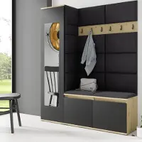 Jerpax Garderoben-Set LINDA – Kleiderschrank mit Polsterplatten, Schuhschrank und Schrankaufsatz, für Flur und Eingangsbereich (Artisan/Schwarz, Trinity 16)