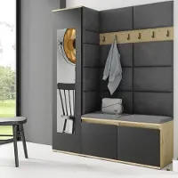 Jerpax Garderoben-Set LINDA – Kleiderschrank mit Polsterplatten, Schuhschrank und Schrankaufsatz, für Flur und Eingangsbereich (Artisan/Schwarz, Trinity 15)