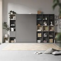 SMARTBett GmbH SMARTBett WOHNWAND Schrankbett 140x200 Vertikal mit Regalen Anthrazit/Eiche Sonoma