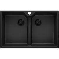 PrimaGran Spülbecken Alles Schwarz 78x50cm, Granitspüle 2 Becken + Ablauf-Set, Küchenspüle ab 80er Unterschrank - Madrid Twin