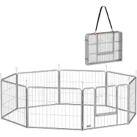 PawHut Welpenauslauf 60 cm Hoch, 8-TLG Hundelaufstall mit Gurt und Tür Silber