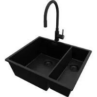 PrimaGran Granitspüle Alles Schwarz 56x47cm, Spülbecken 1,5 Becken + Küchenarmatur 40x38cm + Ablauf-Set, Küchenspüle ab 60er Unterschrank - London Slim Duo