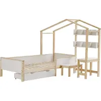 Xdovet Kinderbett Hausbett mit Schubladen,Regalen,Tisch und Hocker,Massivholz mit Schutzplatte und Lattenroste, L-Struktur,Kiefer+MDF+Mehrschichtplatte
