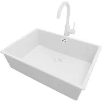 PrimaGran Unterbauspüle Granit Alles Weiß 66x47cm, Spülbecken 1 Becken + Küchenarmatur 32x20cm + Ablauf-Set, Granitspüle ab 70er Unterschrank - London