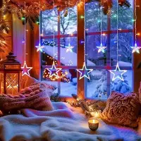 LAMON Lichterkette Sterne Strom 120 LED Weihnachtsbeleuchtung Fenster, 3.5x1m Lichtervorhang Fenster Weihnachten mit 12er Sterne,Weihnachtsdeko (bunt)