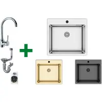Faizee Home [Edelstahlspüle 50,5x55+Armatur] Hochwertig beidseitig Montierbar Küchenspüle eckig Einbauedelstahlspüle Edelstahl Spülbecken f. Unterschränke ab 45 cm inkl. Siphon-Set, Farbe Auswählen:Schwarz