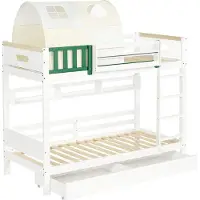 Xdovet Etagenbett,Hausbett,Kinderbett mit kleinem Zelt, mit Fallschutz und Gitter, Mit vierstufiger Leiter, Zwei Schubladen mit Rollen, Kiefer+MDF
