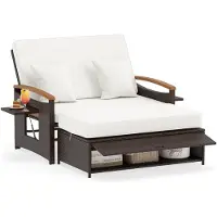 Costway Polyrattan Sonnenliege, Gartenliege mit verstellbarer Rückenlehne, ausklappbarem Seitenablage & Auflage, Loungebett, Doppelliege, Gartensofa