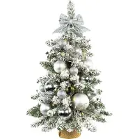 LAALU Künstlicher Weihnachtsbaum 60 cm – SILBERNE WEIHNACHTEN II, geschmückt mit 34-teiligem Weihnachtsbaumschmuck, mit LED-Beleuchtung, inkl. Pflanztopf mit Jutesack