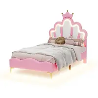 Xkiss Polsterbett,90*200cm,kronenförmiges Prinzessinnenbett , weiche Polsterung aus Kunstleder, verstellbarer LED-Umgebungslichtstreifen, Rosa
