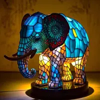 LAMON Elefant Lampe, Elefantlampe Mosaik, Nachttischlampe, USB Nachtlicht Elefant mehrfarbig, vintage buntglas lampe,Bedside lamp,Schlafzimmer Deko Geschenk