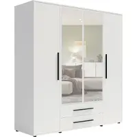 Ravio Modena Kleiderschrank SZ4D2SZ mit Spiegel – großer 4-türiger Schrank mit Einlegeböden, 2 Schubladen und Kleiderstangen, ideal für Schlafzimmer und Flur (Weiß)