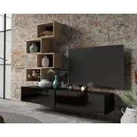 Ravio Wohnwand Amanda XVII Wohnzimmer-Set mit Bücherregale Anbauwand TV Möbel (Schwarz matt + Schwarz Hochglanz Fronten / Artisan Eiche)