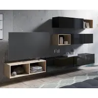 Ravio Wohnwand Amanda XIV Wohnzimmer-Set Breite 300cm Anbauwand TV-Schrank Moderne Schrankwand (Schwarz matt + Schwarz Hochglanz Fronten / Artisan Eiche)