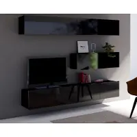 Ravio Wohnwand Amanda V, Wohnzimmer-Set, Moderne Anbauwand, Schrankwand, Mediawand (Schwarz / Schwarz Hochglanz)