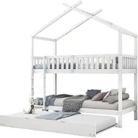 Xdovet Hausbett Kinderbett Jugendbett, 90x200 cm, drei Betten, Ausziehbar, Platzsparendes Design, Weiß