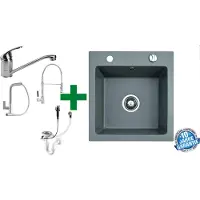 Faizee Home [Granitspüle 48x50 Grau +Armatur] Hochwertig beidseitig Montierbar Küchenspüle Eckig Einbaugranitspüle Granit Spülbecken f. Unterschränke ab 45 cm inkl. Siphon Set, Armatur:Side
