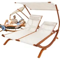 Di volio Sonnenliege mit Dach Pionza - beige, Doppelliege mit verstellbarer Rückenlehne, Gartenliege aus Holz für 2 Personen - wetterfest & bequem