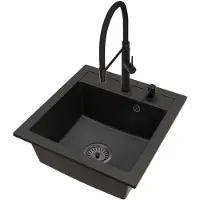 Brado Granit Küchenspüle Schwarz mit FULL PRO Armatur, schwarzem Siphon und Seifenspender