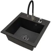 Brado Granitspüle Schwarz mit Flex Gun Gray Armatur, schwarzem Siphon und Seifenspender