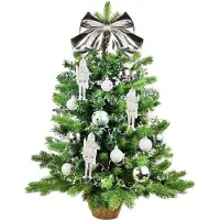 LAALU Künstlicher Weihnachtsbaum 60 cm mit LED-Beleuchtung, SILBERSOLDAT, mit 32 Weihnachtsbaumschmuck, Pflanztopf mit Jutesack