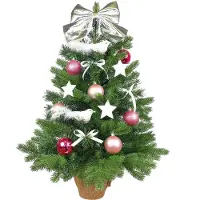 LAALU Künstlicher Weihnachtsbaum 60 cm mit LED-Beleuchtung, ROSENFEST, mit 35 Weihnachtsbaumschmuck, Pflanztopf mit Jutesack